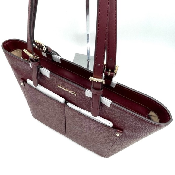 Michael Kors Jet Set Medium Pocket Tote Bag Ruby Red Leather - Picture 5 of 11